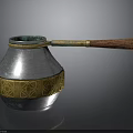 Copper Coffee Pot Design With Wooden Handle And Gold Decorative Patterns