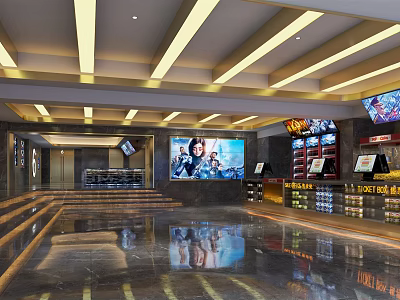 Modern Cinema Lobby With Bright Strip Lighting Movie Posters Ticket Counters And Snack Bar 3d model