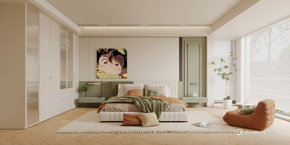 Modern Bedroom Interior With Bed Wall Art Nightstands Wardrobe Plant And Woven Rug 3d model 