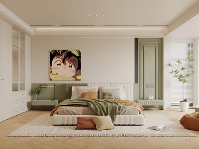 Modern Bedroom Interior With Bed Wall Art Nightstands Wardrobe Plant And Woven Rug 3d model