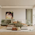 Modern Bedroom Interior With Bed Wall Art Nightstands Wardrobe Plant And Woven Rug