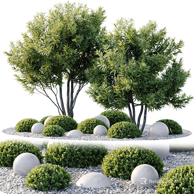 Green Shrubs And Trees In Garden Landscape With Round Stones Arrangement 3d model 