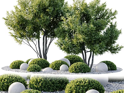 Green Shrubs And Trees In Garden Landscape With Round Stones Arrangement 3d model