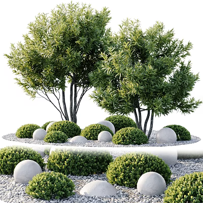 Green Shrubs And Trees In Garden Landscape With Round Stones Arrangement 3d model