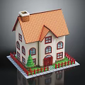 Small House with Orange Roof Chimney White Walls Red Door Red Fence and Green Tree