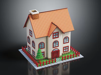 Small House with Orange Roof Chimney White Walls Red Door Red Fence and Green Tree 3d model