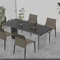 Modern Dining Table Set With Black Tabletop Brown Chairs And Plants Near Window Blinds