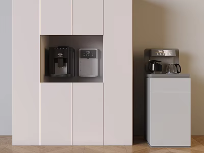 Kitchen Appliances with Built in Coffee Maker Water Dispenser and Side Cabinet on Wooden Floor 3d model