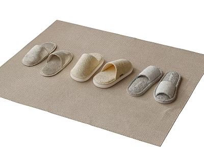 Comfy Soft Slippers In Various Styles Placed On Beige Textured Mat 3d model