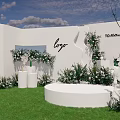 Outdoor Wedding Decor With White Wall Logo Greenery Flowers Round Platform Grass And Blue Sky