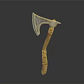 Medieval Battle Axe Featuring Silver Intricate Patterned Head and Wooden Brown Wrapped Handle