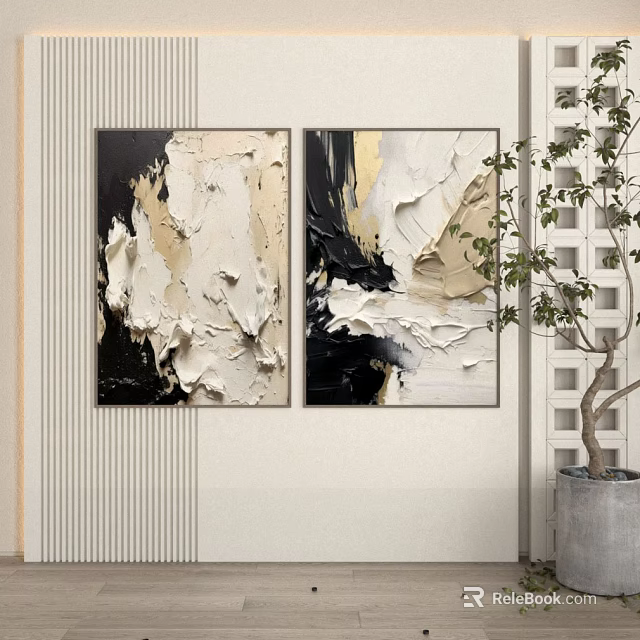 Abstract Textured Paintings In Black White Beige Hanging On Wall With Plant And Partition 3d model 