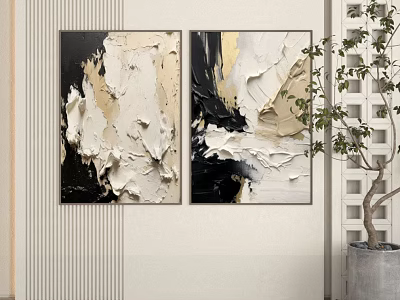 Abstract Textured Paintings In Black White Beige Hanging On Wall With Plant And Partition 3d model