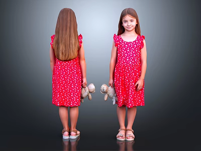 Little Girl Wearing Red Polka Dot Dress Holding Stuffed Toy Back Front View with Sandals 3d model