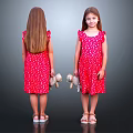Little Girl Wearing Red Polka Dot Dress Holding Stuffed Toy Back Front View with Sandals