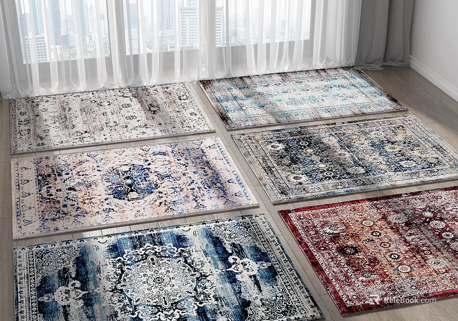 Colorful Patterned Square Rugs In Bright Living Room 3d model 