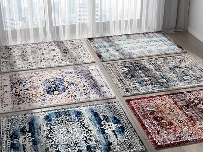Colorful Patterned Square Rugs In Bright Living Room 3d model
