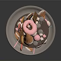 Colorful Decorated Cake With Chocolate Drizzle Lollipops And Candy On Glass Stand