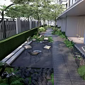 Modern Residential Landscape With Lush Greenery Pathway Trees Patio And Building Exterior