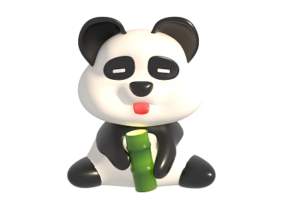 Adorable Cartoon Panda Toy Sitting Holding Green Bamboo With Closed Eyes 3d model