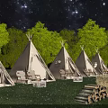 Garden Landscape With White Tipis Under Starry Sky Trees Tables Chairs Hay Bales Log Stacks