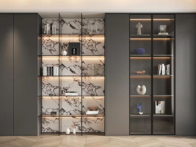 Modern Elegant Bookcase With Open Glass Doors Marble Back Panel And Decorative Ornaments Books 3d model