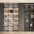 Modern Elegant Bookcase With Open Glass Doors Marble Back Panel And Decorative Ornaments Books