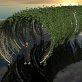 Vine Covered Circular Tunnel Structure With Person Standing Inside Water Reflection And Cloudy Sky 3d model