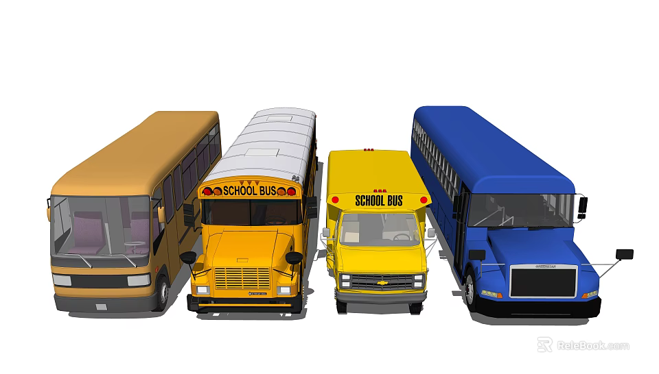 Various Colored School Buses And Different Bus Types Display Collection 3d model 