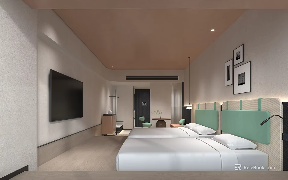 Modern Minimalist Hotel Room Interior With Twin Beds Green Headboards TV And Wall Art 3d model 