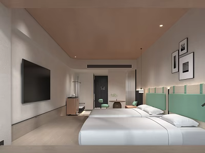 Modern Minimalist Hotel Room Interior With Twin Beds Green Headboards TV And Wall Art 3d model