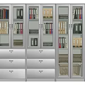 White Metal Bookcase With Glass Doors Storage Drawers And File Folders Inside