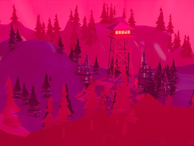 Scenic Cartoon Scene with Pink Red Background Mountain Pine Trees and Watchtower 3d model