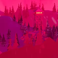 Scenic Cartoon Scene with Pink Red Background Mountain Pine Trees and Watchtower