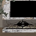 Fireplace With Marble Accent Branch Shaped Metal Structure Flames Large Screen TV And Green Plant