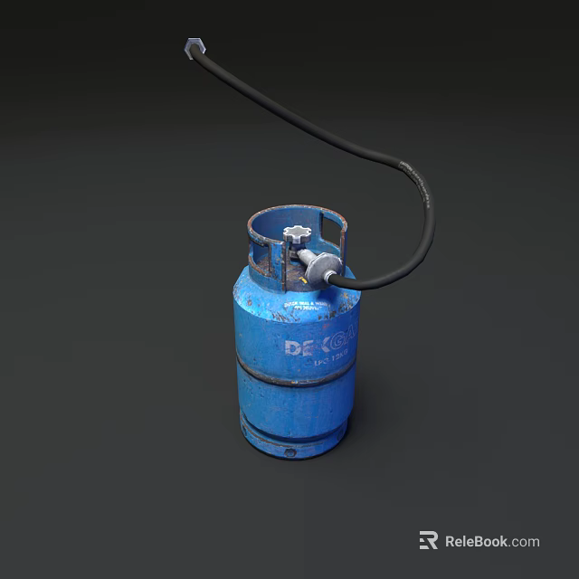 Vintage Blue PE45 Metal Gas Cylinder With Connected Black Rubber Hose 3d model 