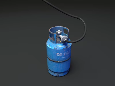 Vintage Blue PE45 Metal Gas Cylinder With Connected Black Rubber Hose 3d model