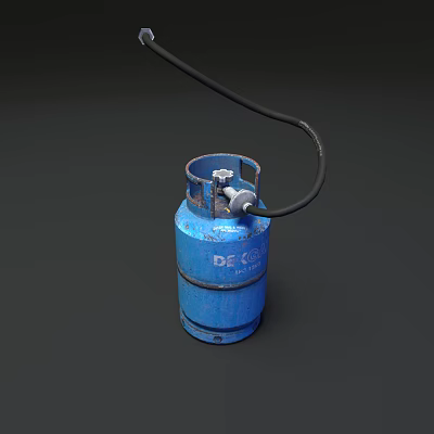 Vintage Blue PE45 Metal Gas Cylinder With Connected Black Rubber Hose 3d model