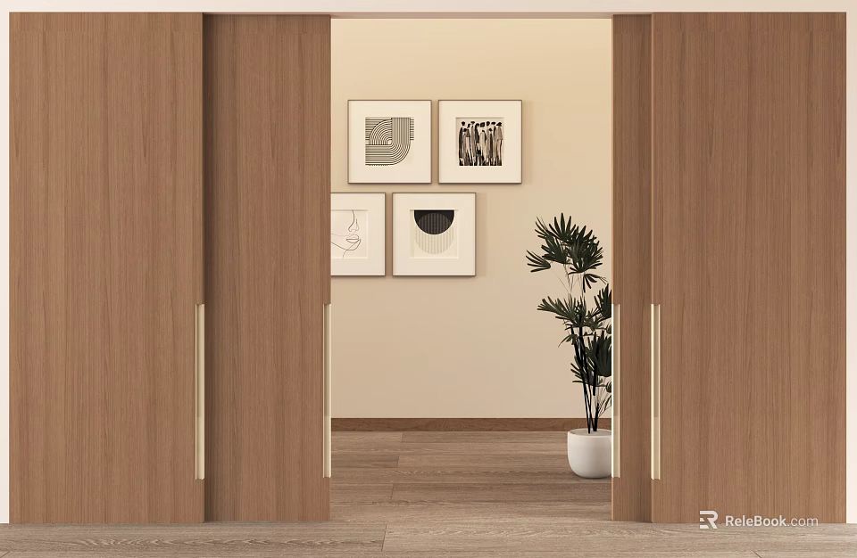 Wooden Sliding Doors With Metal Handles Open To Room With Wall Art And Potted Plant 3d model 