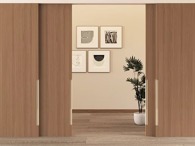 Wooden Sliding Doors With Metal Handles Open To Room With Wall Art And Potted Plant 3d model