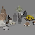 Minimalist Natural Tableware Set With Ceramic Plates Bowls Wooden Cutting Board And Fresh Fruits