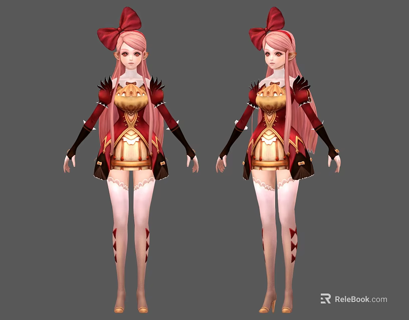 Detailed Game Movie Character With Pink Hair Red Bow Red Gold Outfit Front Side Views 3d model 