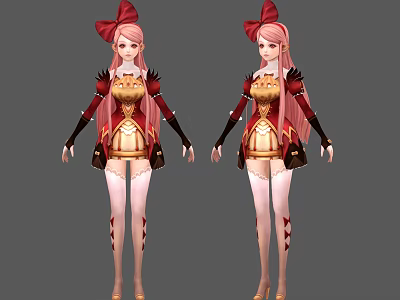 Detailed Game Movie Character With Pink Hair Red Bow Red Gold Outfit Front Side Views 3d model