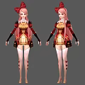 Detailed Game Movie Character With Pink Hair Red Bow Red Gold Outfit Front Side Views