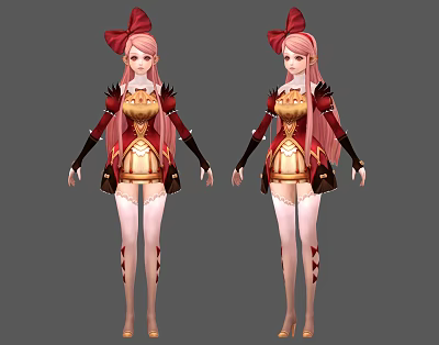 Detailed Game Movie Character With Pink Hair Red Bow Red Gold Outfit Front Side Views 3d model