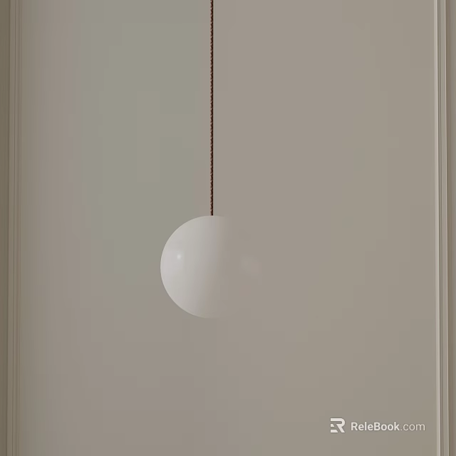 Round White Pendant Light Hanging With Brown Rope Against Light Colored Wall 3d model 