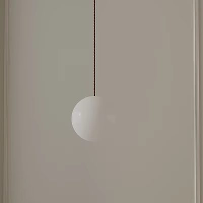 Round White Pendant Light Hanging With Brown Rope Against Light Colored Wall 3d model