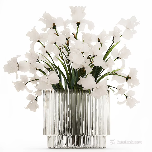 Elegant Transparent Ribbed Glass Vase With Fresh White Flowers And Green Stems 3d model 