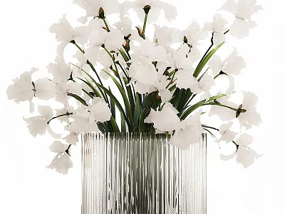 Elegant Transparent Ribbed Glass Vase With Fresh White Flowers And Green Stems 3d model