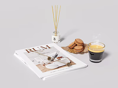 RUM Magazine Display With Fragrance Diffuser Macarons And Hot Coffee 3d model